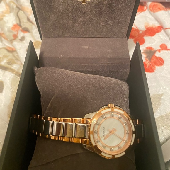 Ladies' Bulova Two-Tone Diamond Accent Watch with Mother-of-Pearl Dial - Picture 1 of 8